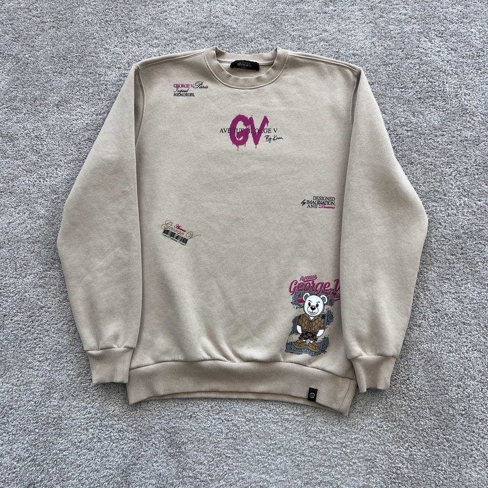 Avenue George‎ V Paris Sweatshirt Mens Large Beige Bear Graphic Pullover GV2624